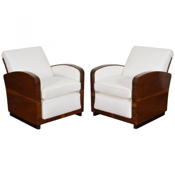 Pair of Walnut Veneer and Upholstered Club Chairs
