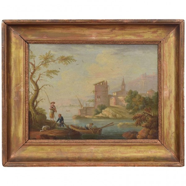 Oil on Canvas, Lake Scene with Fishermen and Ruins