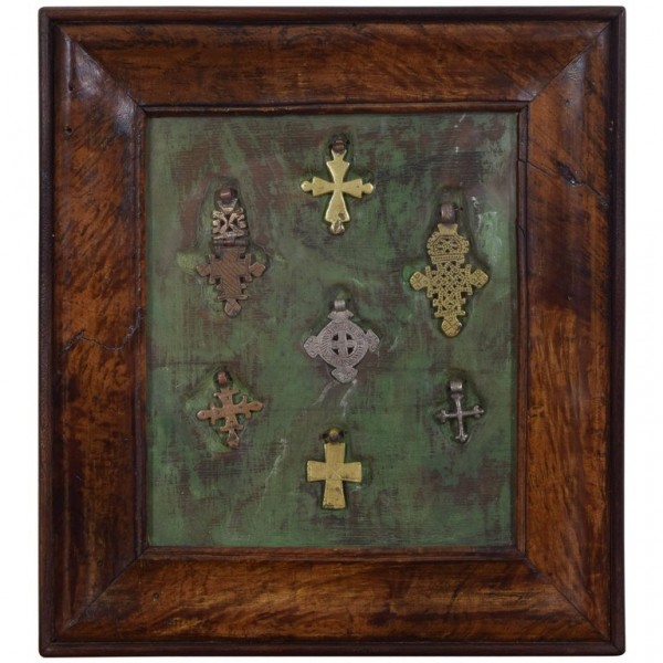 Walnut Framed Collection of Bronze and Silvered Crosses