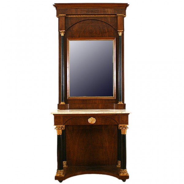 Mahogany, Giltwood, and Ebonized Marble Top Console with Matching Mirror