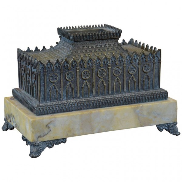 Patinated Brass and Marble Architectural Model Inkwell