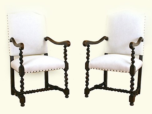 Pair of Dark Walnut and Upholstered Fauteuils