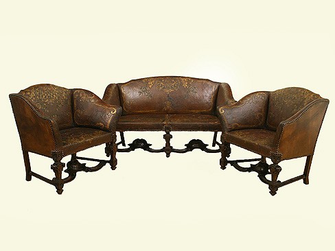 3 Piece Set of Leather Upholstered Walnut Seating Furniture
