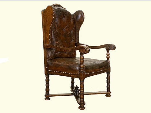 Oak Armchair with Antique Leather Upholstery