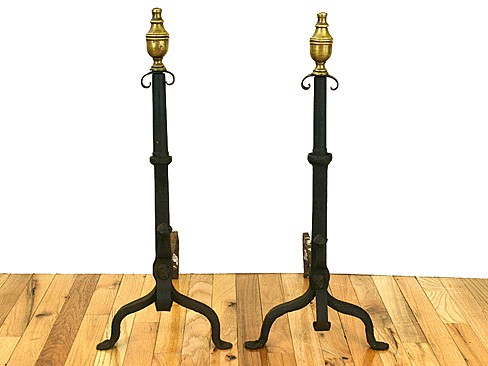 Pair of Wrought Iron and Brass Andirons