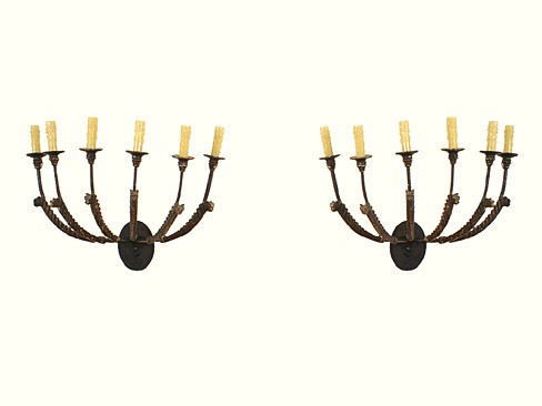 Pair of 6-Light Iron, Mecca, and Gesso Wall Sconces