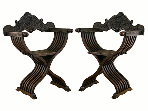 Pair of Carved Walnut Savonarola Chairs