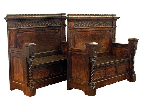 Pair of Carved Oak Hall Benches