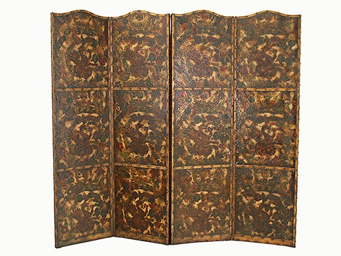 Tooled and Polychrome Painted Leather 4-Panel Screen