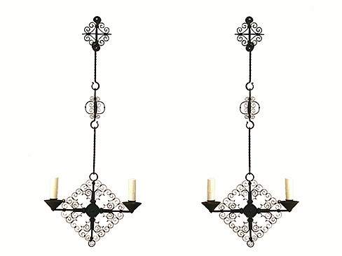 Pair of Wrought Iron and Metal Filigree 2-Light Sconces