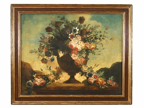 Large Still Life, Flowers in Urn in a Landscape