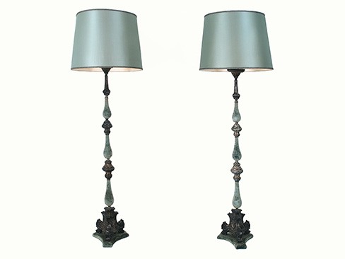 Tall Pair of Silvered Copper and Velvet Torcheres