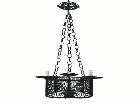 Wrought Iron and Filligree Metal Trefoil Shaped Wrought Iron 3-Light Chandelier