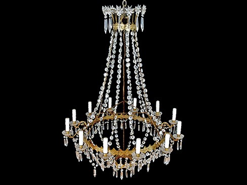 Gilt Brass, Gilt Metal, and Glass Prism 12-Light Chandelier