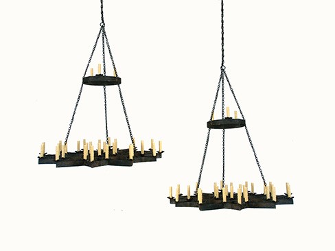 Monumental Pair of Wrought Iron 33-Light Chandeliers