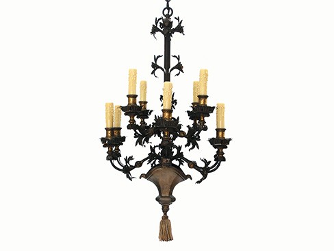 Unusual Bronze, Iron, and Wooden 12-Light Chandelier