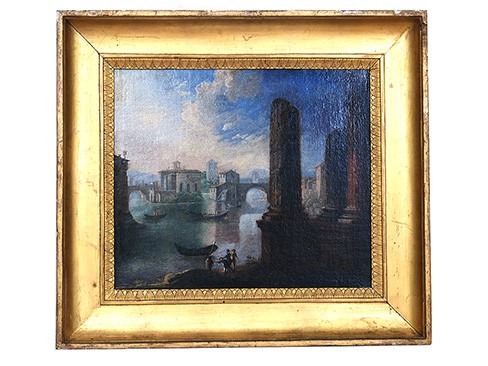 Oil on Canvas, Roman School, Architecture with Figures