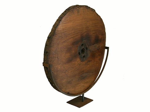 Walnut Cart Wheel on Custom Iron Stand
