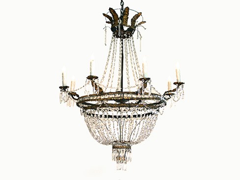 Iron, Gilt Metal, and Glass 8-Light Chandelier