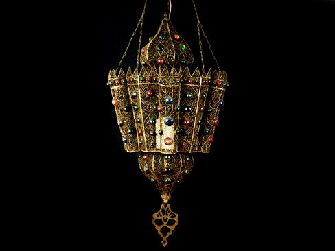 Large Filigree Brass and Painted Glass Lantern