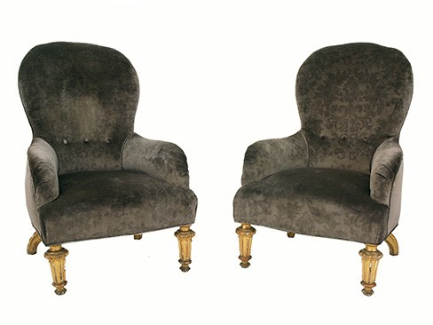 Pair of Carved Giltwood and Upholstered Poltrone