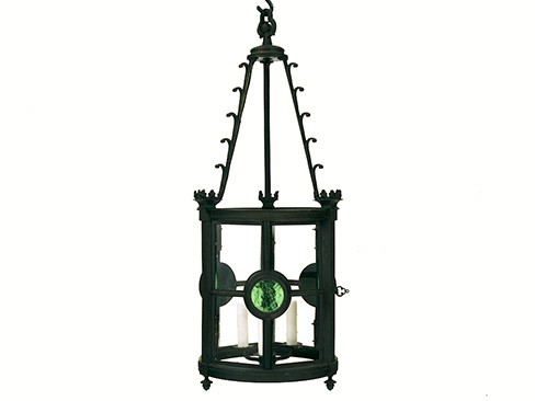 Unusual Patinated Brass & Green Glass Hanging Lantern