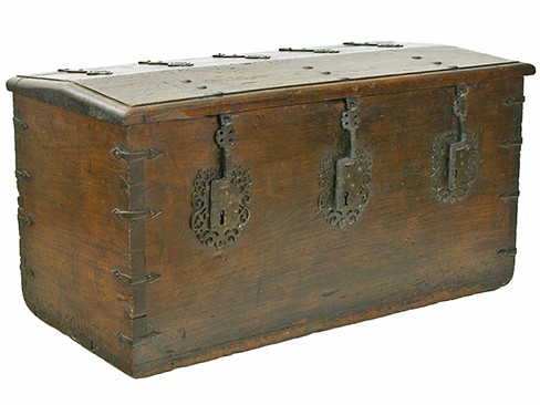 Walnut and Iron Mounted 3-Lock Trunk