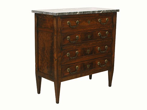 Carved Walnut Marble Top 4-Drawer Petite Commode