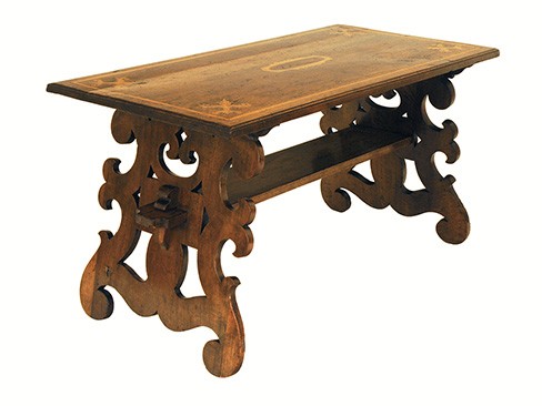 Walnut and Inaid Trestle-Form Coffee Table