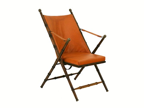 Turned Oak, Brass, and Faux Leather Folding Campaign Chair