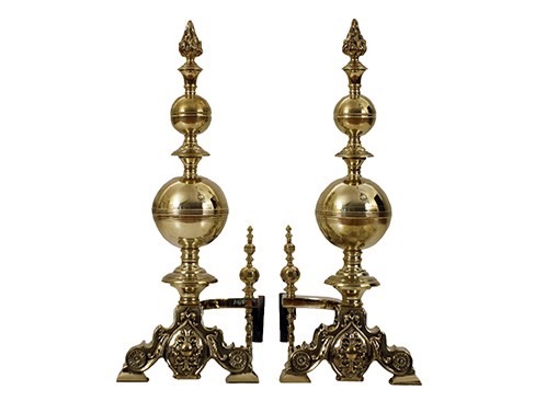 Pair of Brass Flame Finial Andirons