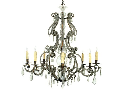 Gilt Iron and Glass 8-Light Chandelier