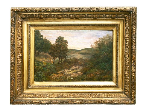 Oil on Canvas, Landscape with Hillside, Lake, and Sunset