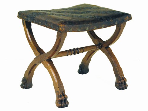 Carved Walnut Bench, Tooled Leather Top