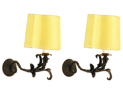 Pair Wrought Iron Sconces, Custom Shades