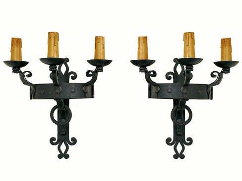 Pair of Wrought Iron 3-Light Wall Sconces