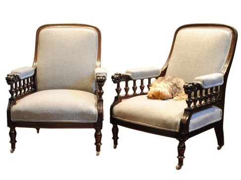 Pair of Carved Mahogany and Walnut Armchairs