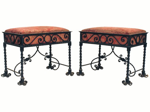 Pair of Wrought Iron & Upholstered Benches