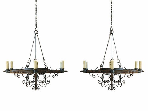 Pair of Large Wrought Iron 6-Light Chandeliers