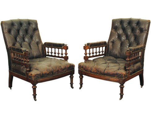 Pair Walnut Leather Upholstered Library Chairs
