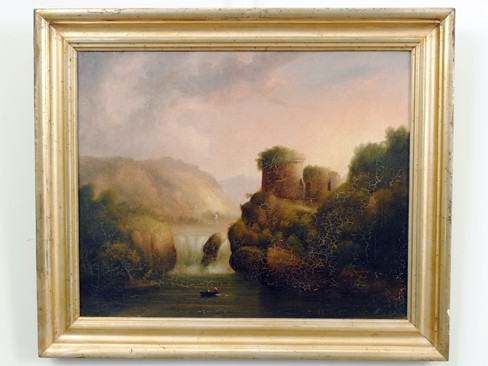 Oil on Canvas, A Ruined Castle, Waterfall, and Boat in a Lake