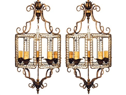 Pair of Painted & Gilt Iron 5-Light Chandeliers