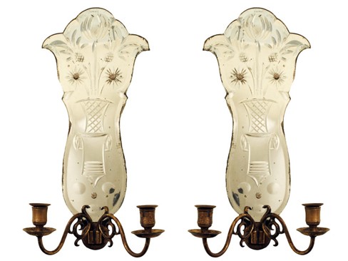 Pair of Etched Mirror Back Sconces