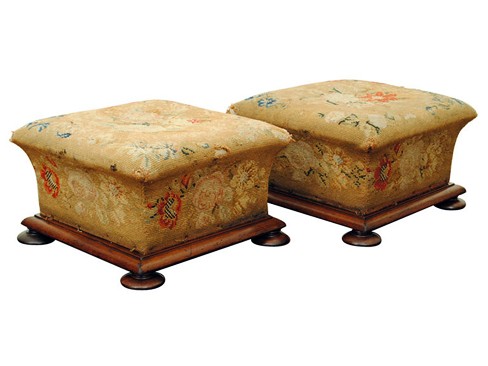 Pair of Walnut and Needlepoint Covered Footstools