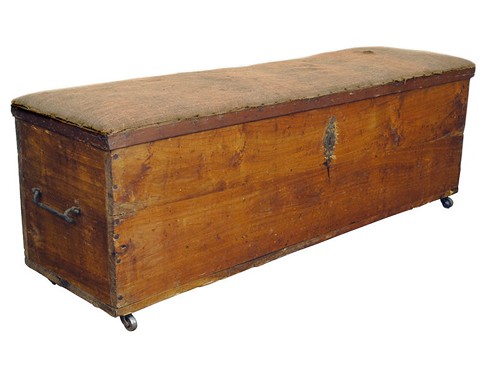 Pinewood and Upholstered Iron Mounted Trunk