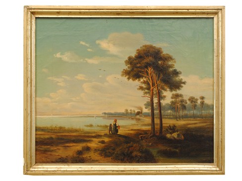 Oil on Canvas, Figures Strolling Along a Lakeshore