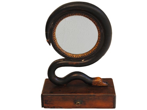 Walnut, Ebonized, and Giltwood Serpent Form Mirror