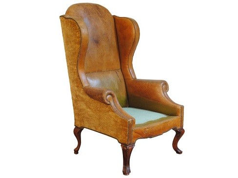 Walnut Leather and Velvet Upholstered Winghchair