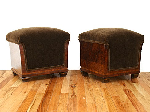Pair of Walnut Veneer and Upholstered Footstools 