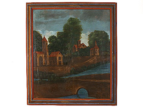 Oil on Canvas, Medieval Village with River and Arched Bridge